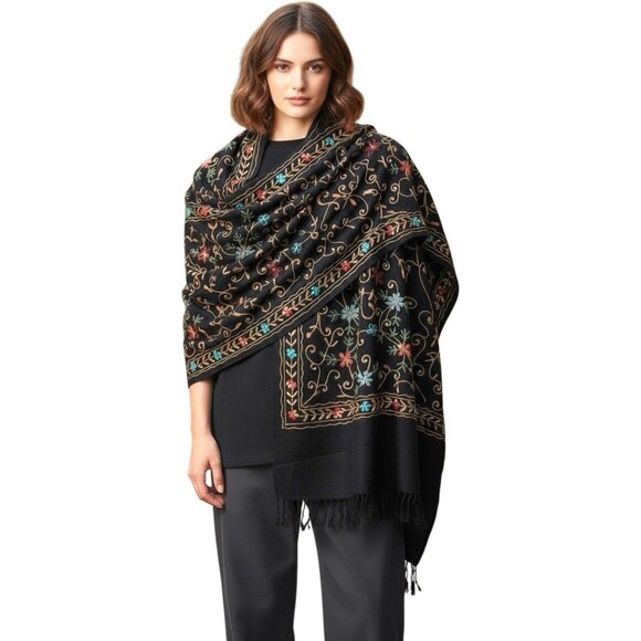 Cashmere Pashmina Floral Jeweled Embroidered Shawl Wrap Made in India 30"x72" - Picture 1 of 9